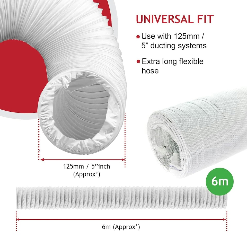 image 1 of SPARES2GO Cooker Hood Vent Hose 6 Metre 5" 5.9" Duct Pipe Extension Threaded Coupler Connector Ring Kit White