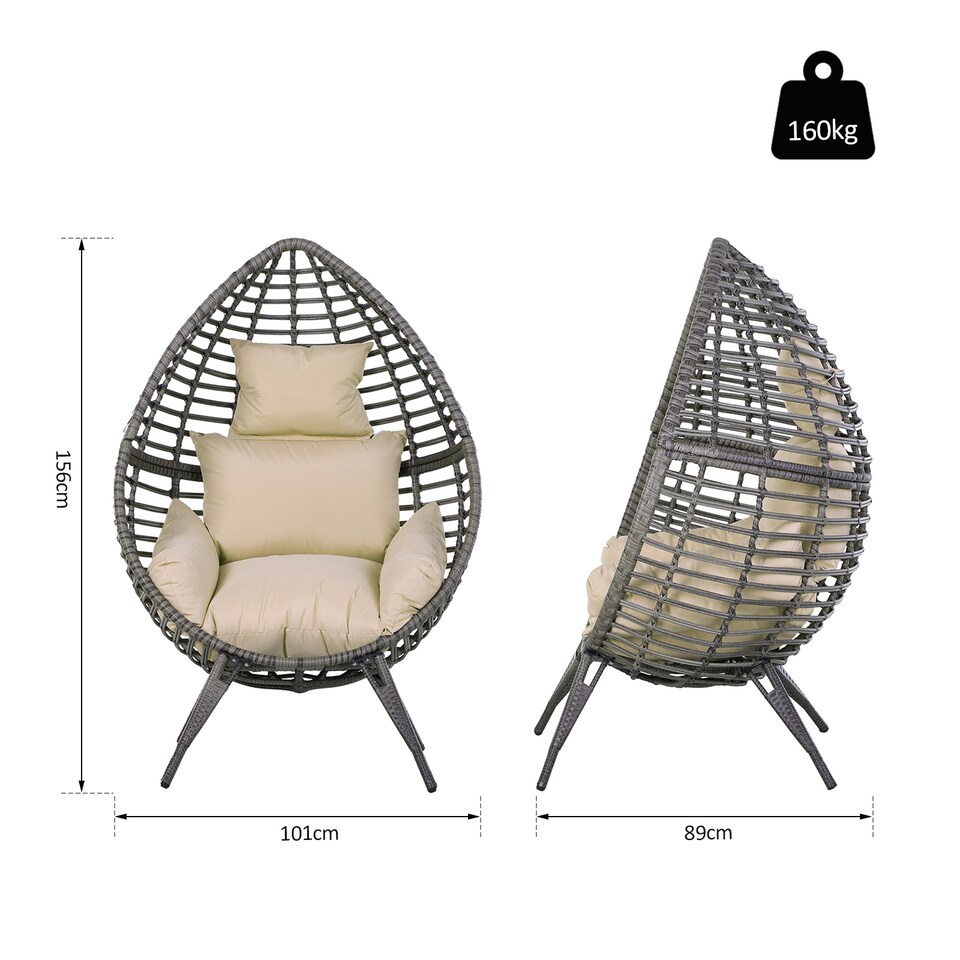 image 1 of Outsunny Garden Egg Chair, Teardrop Outdoor PE Rattan Chair with Full-body Soft Padded Cushion, Grey