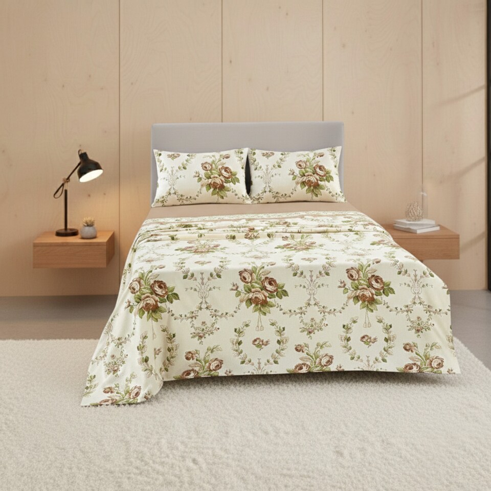 image 1 of Soft Floral Brushed Cotton Fitted Flat Sheet And Matching Pillowcases | Cream | Natural | Single