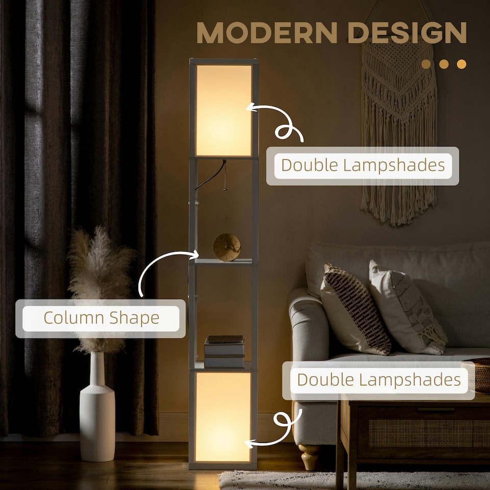 image 1 of HOMCOM Shelf Floor Lamp with Dual Light, for Living Room, Bedroom, White