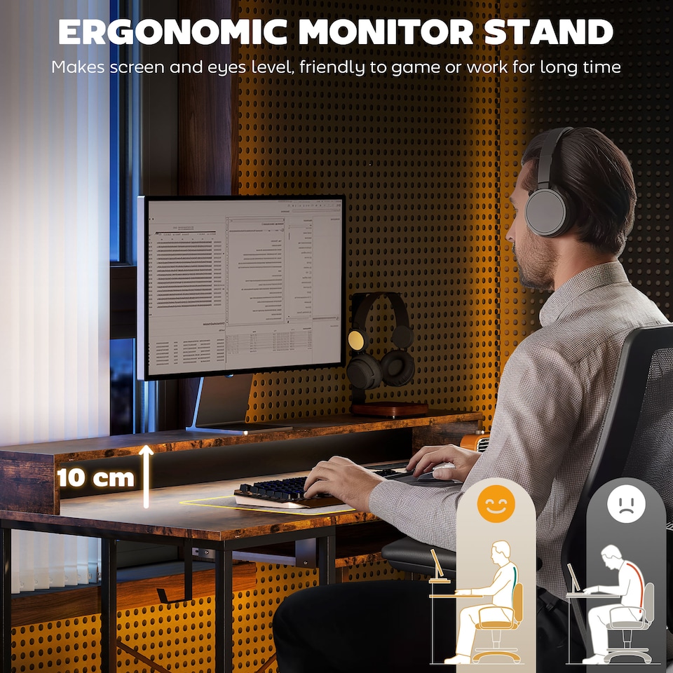 image 1 of HOMCOM Computer Desk with LED Lights and Power Outlets, 120 x 55 cm Gaming Desk with Monitor Stand, Sliding Keyboard Tray and Storage Shelves for Home Office, Rustic Brown | Brown