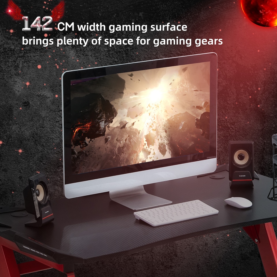 image 1 of HOMCOM 142 x 66 cm Gaming Desk, Carbon Fibre Covered Computer Desk, Gamer Workstation with Headphone Hook, Cup Holder and Gamepad Storage Rack, Black and Red