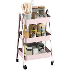HOMCOM 3-Tier Rolling Utility Cart Kitchen Storage Trolley on Wheels Pink | Pink