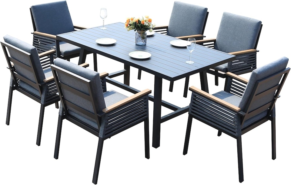 image 1 of Aluminium Garden Dining Set with Cushions for 6 People, Luxury Outdoor Furniture (Grey)