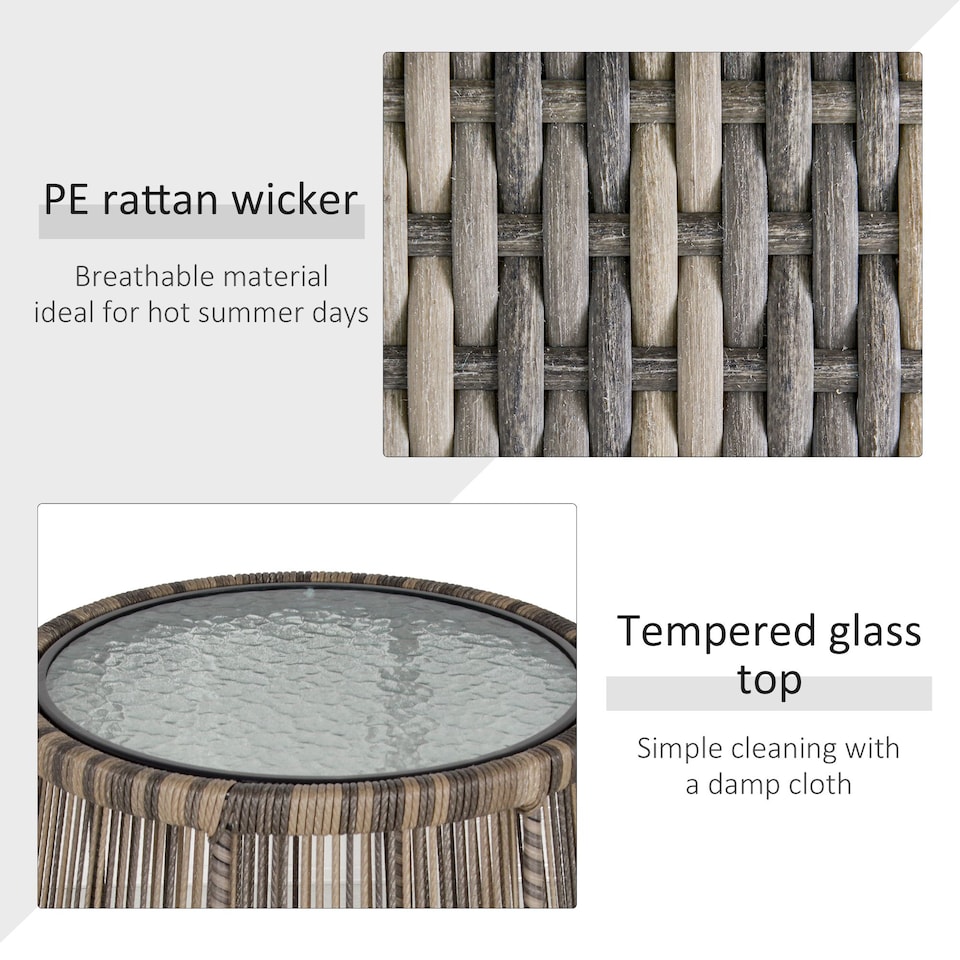 image 1 of Outsunny 3 Pieces Rattan Bistro Set, Wicker Garden Furniture Set with Cushions, Glass Top Coffee Table and Chairs for Outdoor, Patio, Balcony, Grey