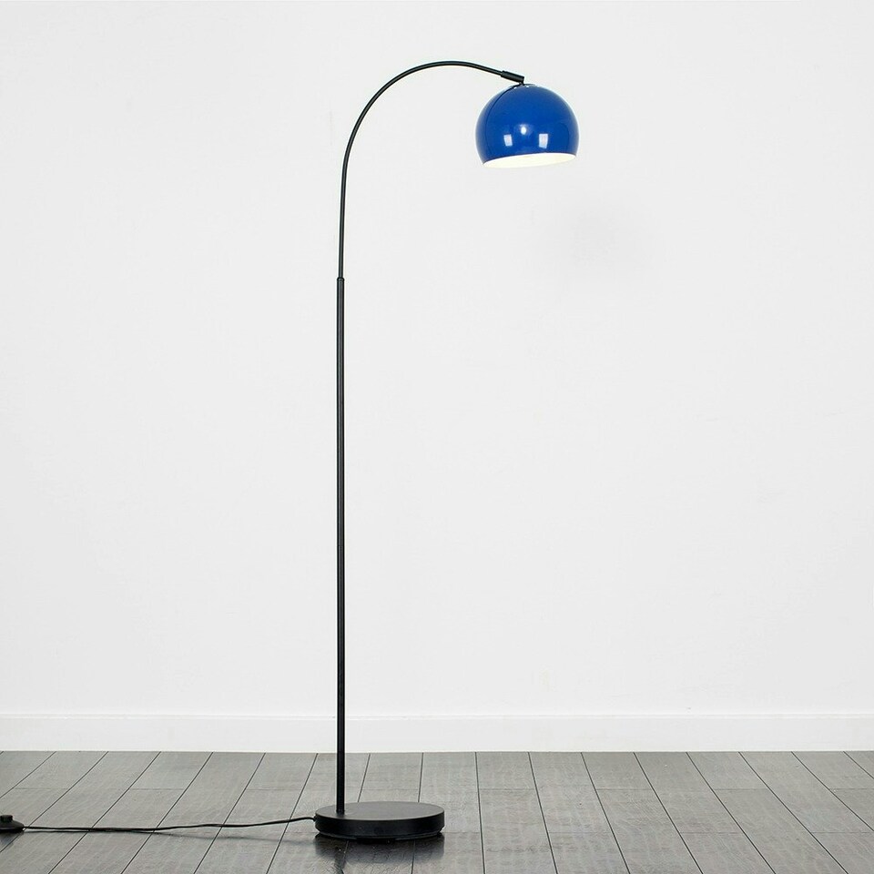 image 1 of ValueLights Designer Style Black Stem Floor Lamp With Navy Blue Arco Style Metal Dome Light Shade With LED GLS Bulb in Warm White