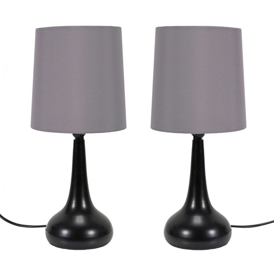 image 1 of ValueLights Teardrop Pair Black Touch Table Lamp Grey Shade & Bulb | Grey