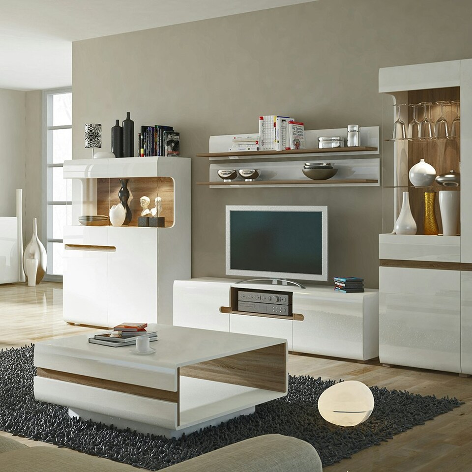 image 1 of Chelsea Living Small Designer Coffee Table in White with a Truffle Oak Trim