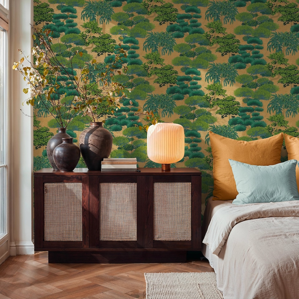 image 1 of Woodland Wonder Wallpaper in Greens and Teal on Gold | Gold | Greens and Teal on Gold | 50cm x 10m