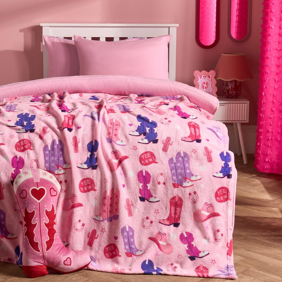 image 1 of OHS Cowboy Print Flannel Fleece Throw Blanket Soft Bedspread | Pink
