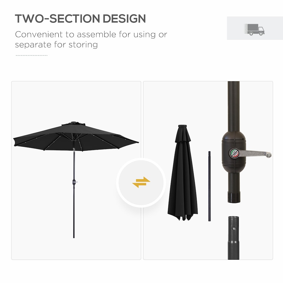 image 1 of Outsunny 2.7m Patio Garden Umbrella Outdoor Parasol Outdoor Market Table Umbrella with Tilt Crank and 24 LEDs Lights Black