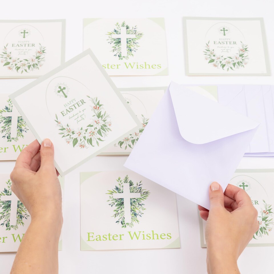 image 1 of Happy Easter Cards Pack of 10 with Envelopes - 14x14cm Square Seasonal Greeting Cards Blank Inside - Religious & Cheerful UK Designed Themes (Lilies) | Multi | Multi