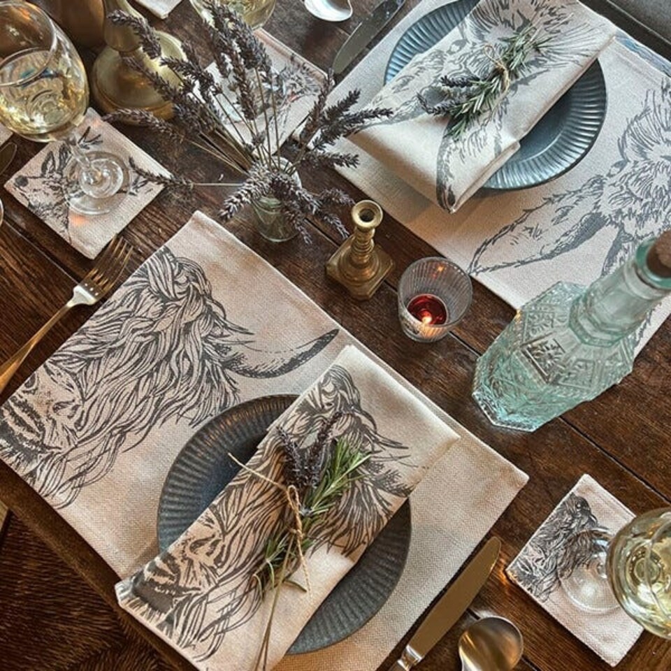 image 1 of The Just Slate Company Set of 4 Highland Cow Linen Napkins