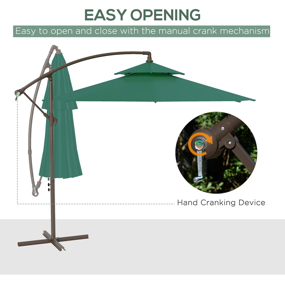image 1 of Outsunny 2.7m Garden Banana Parasol Cantilever Umbrella with Crank Handle, Double Tier Canopy and Cross Base for Outdoor, Hanging Sun Shade, Green