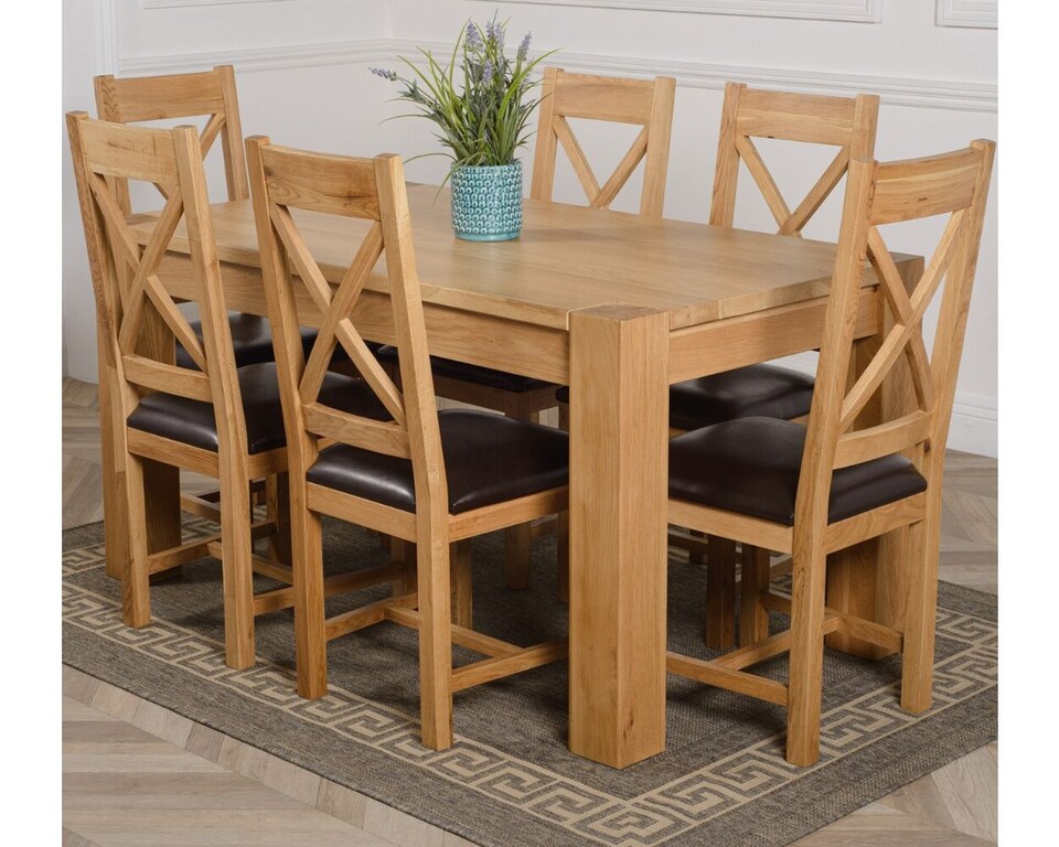 image 1 of Kuba 150x85 cm Chunky Medium Oak Dining Table and 6 Berkeley Leather Chairs | Brown | Brown