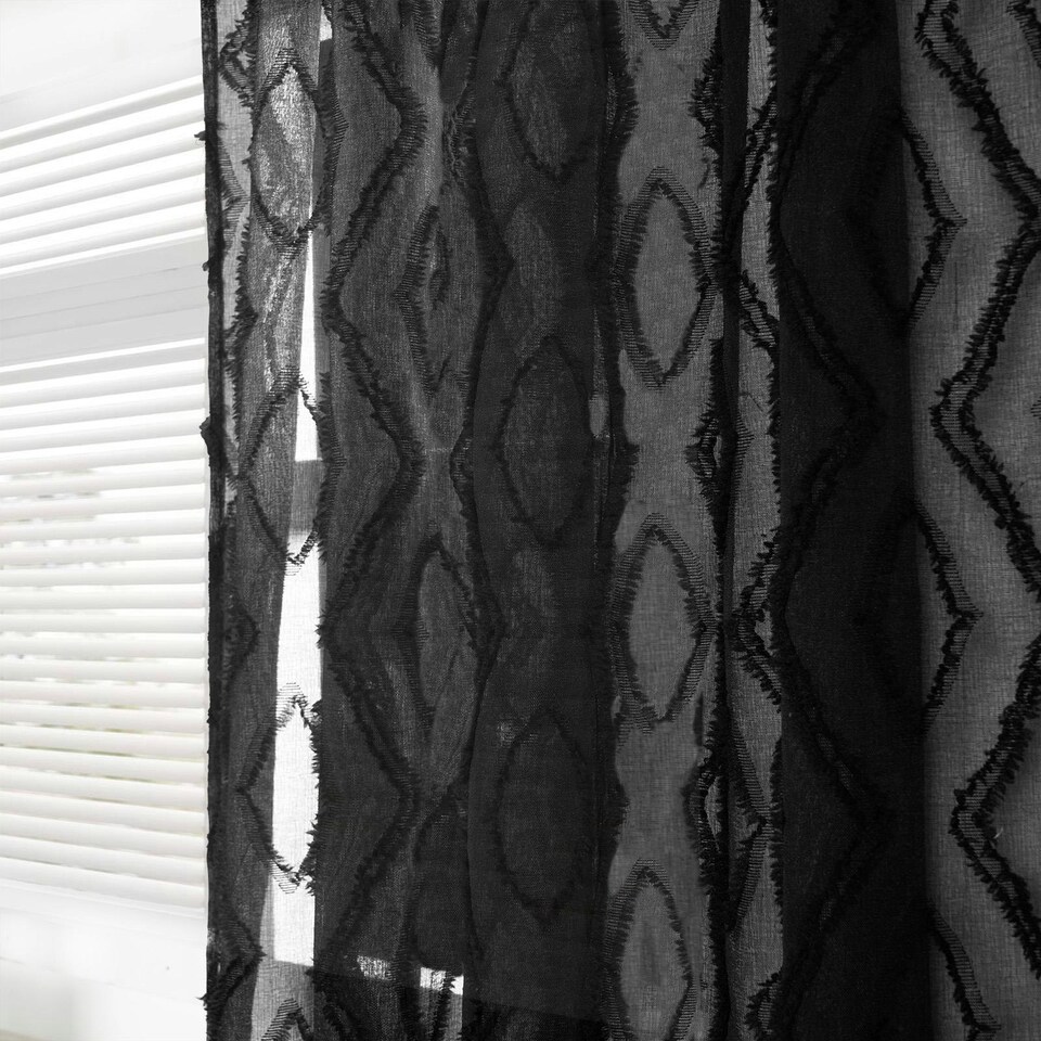 image 1 of OHS Diamond Tufted Textured Slot Top Sheer Net 2 Panel Voile Curtains, 55x87" - Black