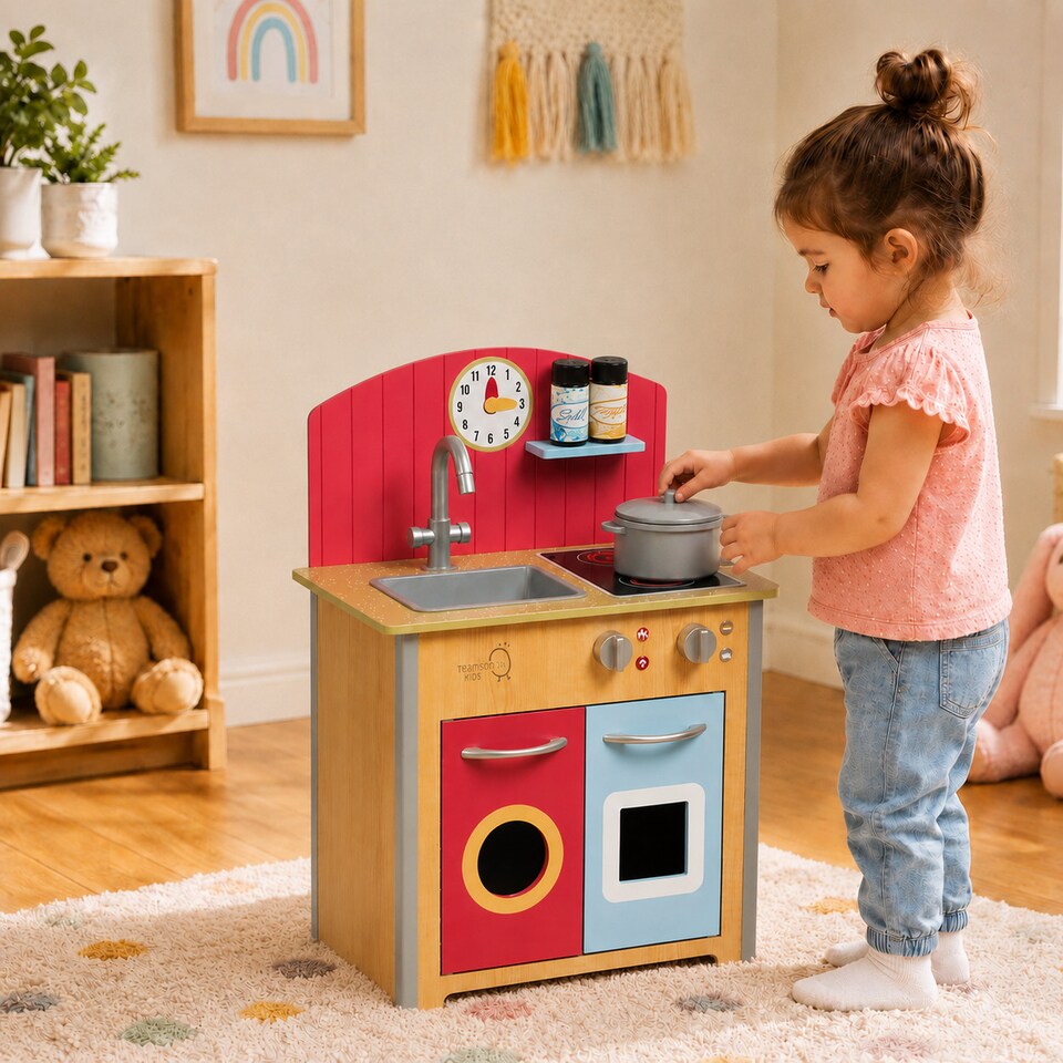 image 1 of Teamson Kids Wooden Play Kitchen with 4 Accessories, Red, Porto