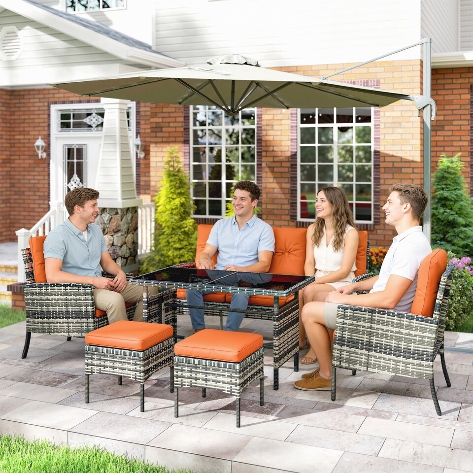 image 1 of Outsunny 6 Pieces Rattan Garden Furniture Sofa Set with Cushions, Orange | Orange | Orange