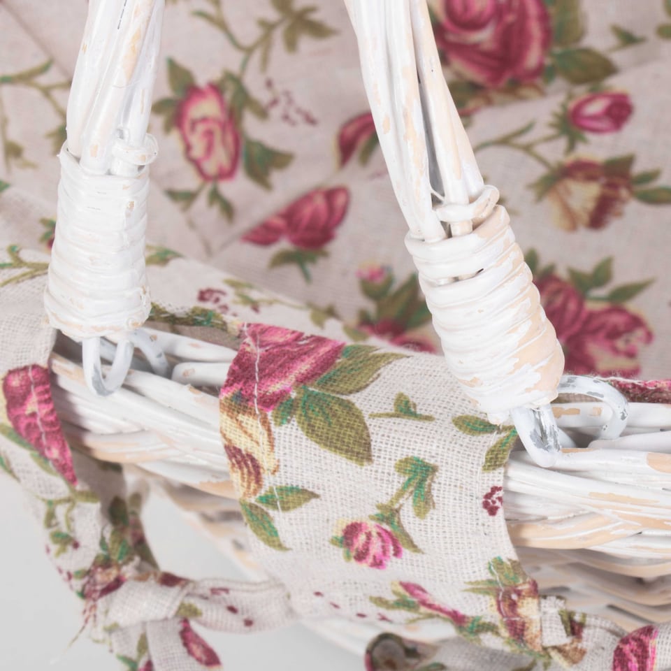 image 1 of Small White Swing Handle Wicker Shopper with Garden Rose Lining | Multi | Garden Rose