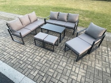 Fimous Aluminium 7 Pieces Garden Furniture Set with Cushions 10 Seater Outdoor Patio Lounge Sofa Set with Armchair 3 Footstools Dark Grey