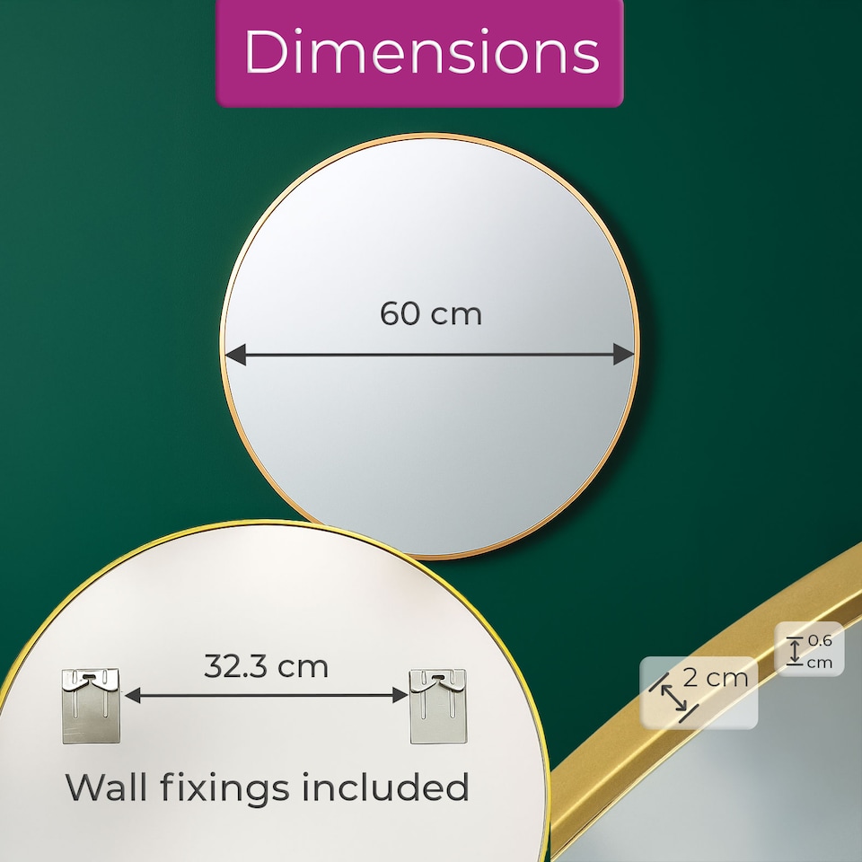 image 1 of Neo 60cm Gold Round Metal Frame Wall Mirror Float Glass HD Reflection Anti Rust Moisture Proof Wall Mounted Bathroom Bedroom Hallway Living Room Vanity | Gold | Gold