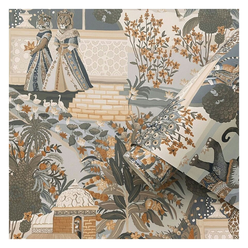 image 1 of Holden Décor Eastern Horizons Animal Palace Wallpaper - Blue/Orange - 10.05m x 0.53m Blue
