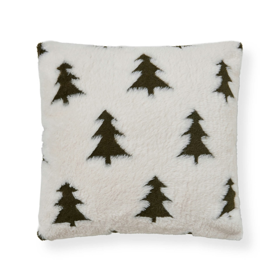 image 1 of BHS Christmas Trees Faux Fur Cushion, Cream and Green Cream | Cream