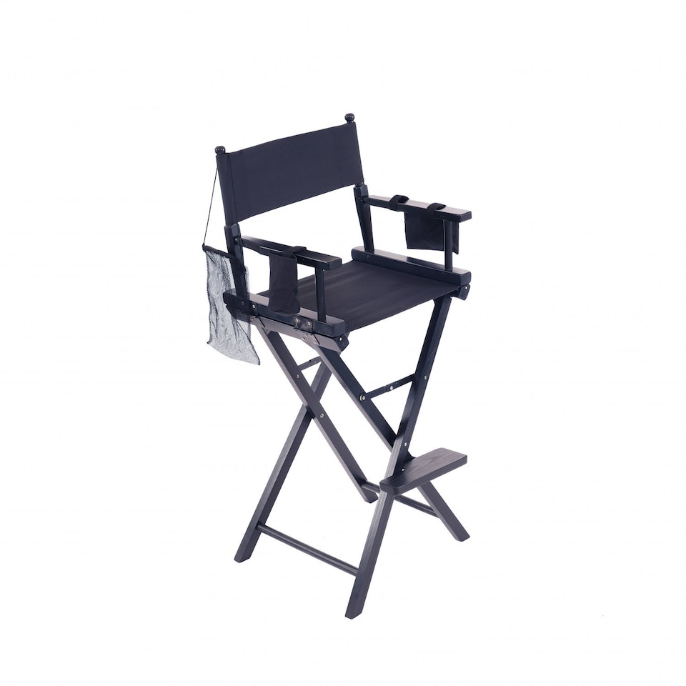 image 1 of Professional Black Wooden Folding Director Makeup Chair with 2 Storage Pouches | Black