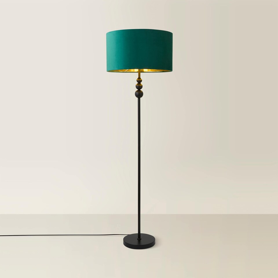 image 1 of ValueLights Marissa Black Stacked Ball Floor Lamp Forest Green Velvet Gold Shade