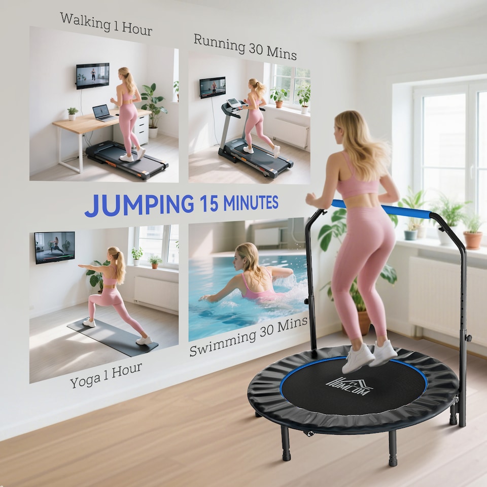 image 1 of HOMCOM 48" Foldable Mini Trampoline Fitness Trampoline Rebounder for Adults with Adjustable Foam Handle, for Indoors, Outdoors, Cardio Training, Blue | Blue