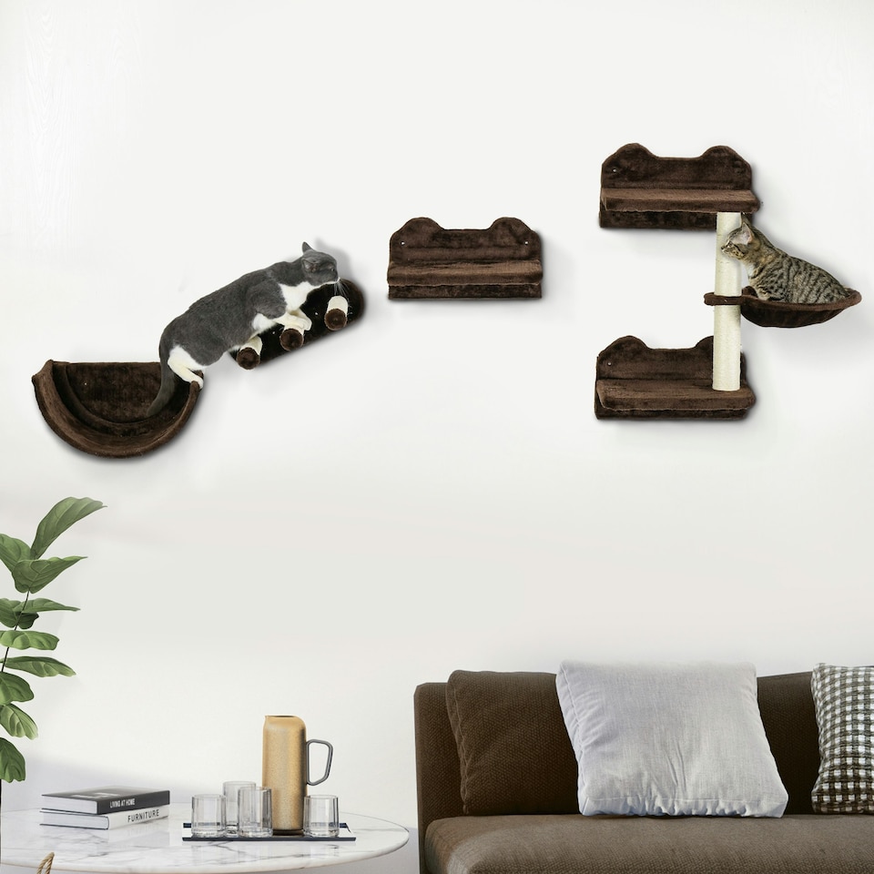 image 1 of PawHut Wall Mounted Cat Tree 4PC Kitten Activity Centre with Sisal, Brown