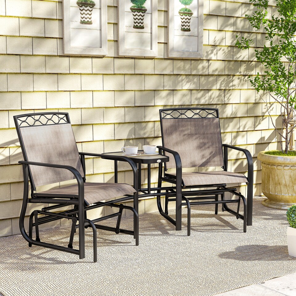 image 1 of Outsunny Double Outdoor Glider Chair, 2 Seater Patio Rocking Chairs, Swing Bench with Tempered Glass Table, Breathable Mesh Fabric for Backyard, Garden, Porch, Brown