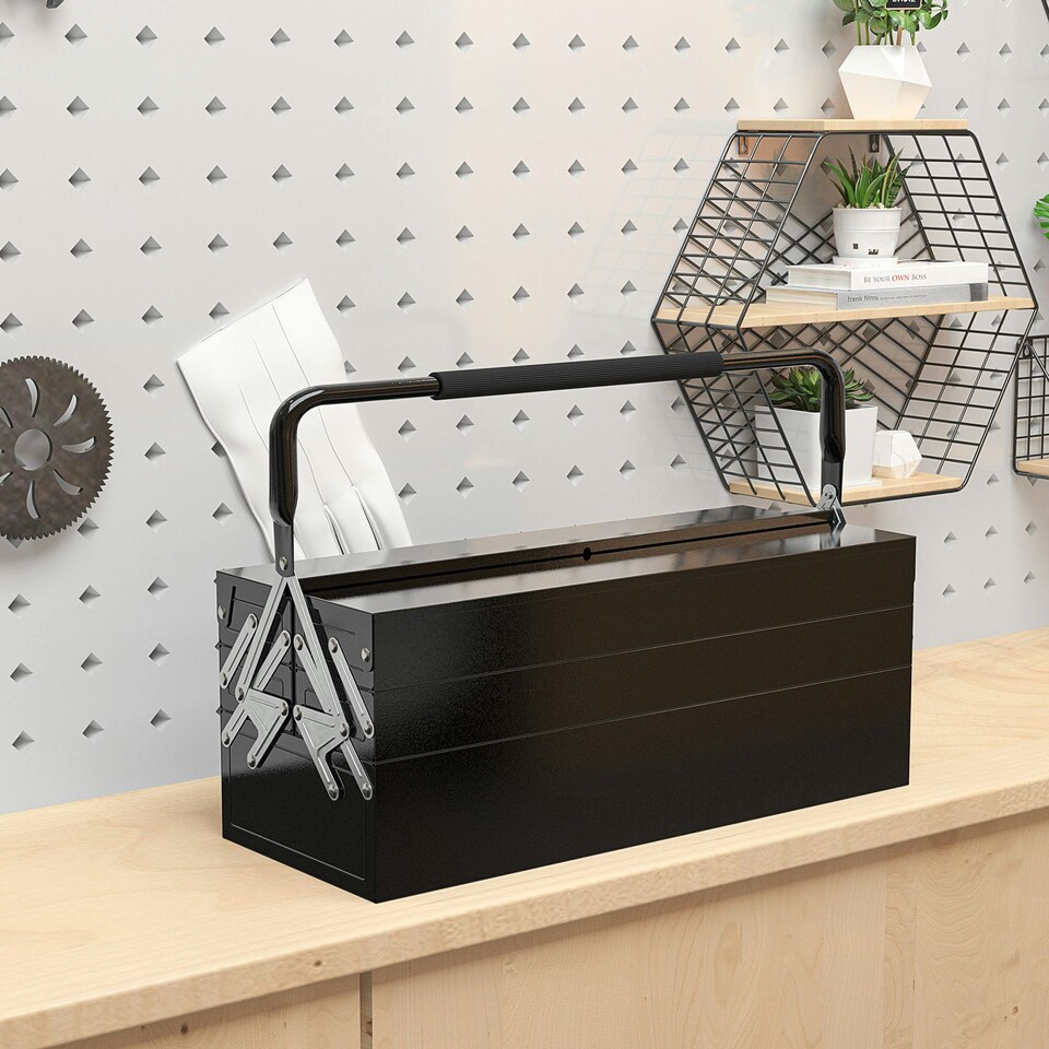 image 1 of DURHAND 3 Tier Metal Toolbox with 5 Tray Carry Handle 56cmx20cmx34cm Black Black | Silver (hinges)