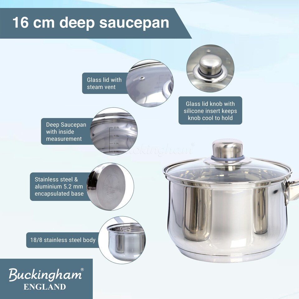 image 1 of Buckingham Stainless Steel Deep Saucepan 16 cm / 2 Litre , Glass Lid Silver