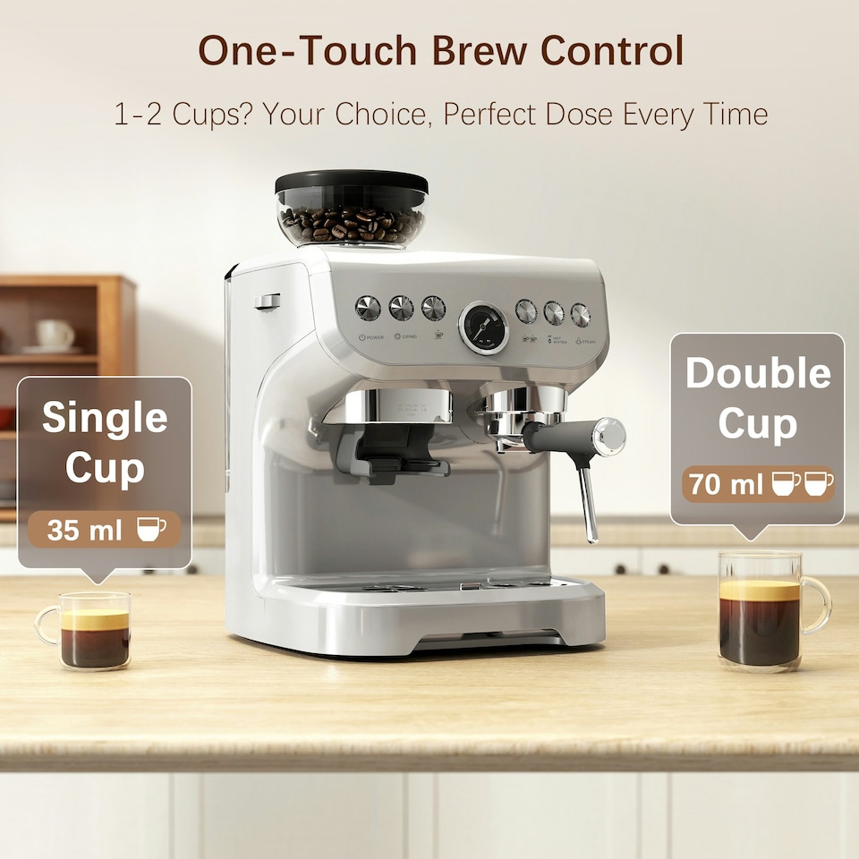 image 1 of HOMCOM Espresso Machine, Bean Grinder & Steam Wand, 15 Bar Pressure, Silver.