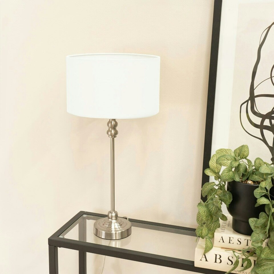 image 1 of ValueLights Maggie Brushed Chrome Candlestick Slim Table Lamp with White Fabric Drum Lamp Shade