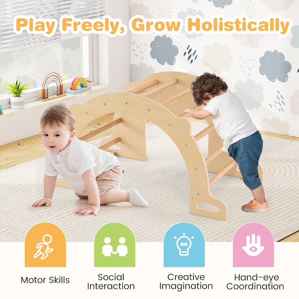 image 1 of COSTWAY Kids Climbing Arch Sensory Table Montessori Wooden Climber Toy-Natural