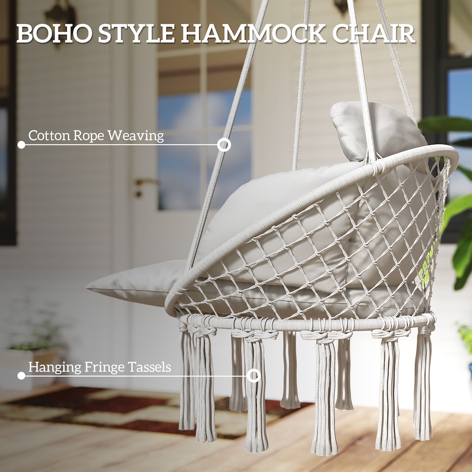 image 1 of Outsunny Hanging Chair Outdoor Hammock Chair with Soft Cushion, Cotton Rope Boho Style Swing Chair, Hanging Garden Swing Seat for Indoor Outdoor, Cream White | Cream | Cream