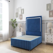 Sloomy Boston Chrome Navy Plush Divan Bed Base 2 Drawers Right Side With 54 Inch Floor Standing Headboard & 12 Inch Matching Footboard | Blue | Navy | King | 1