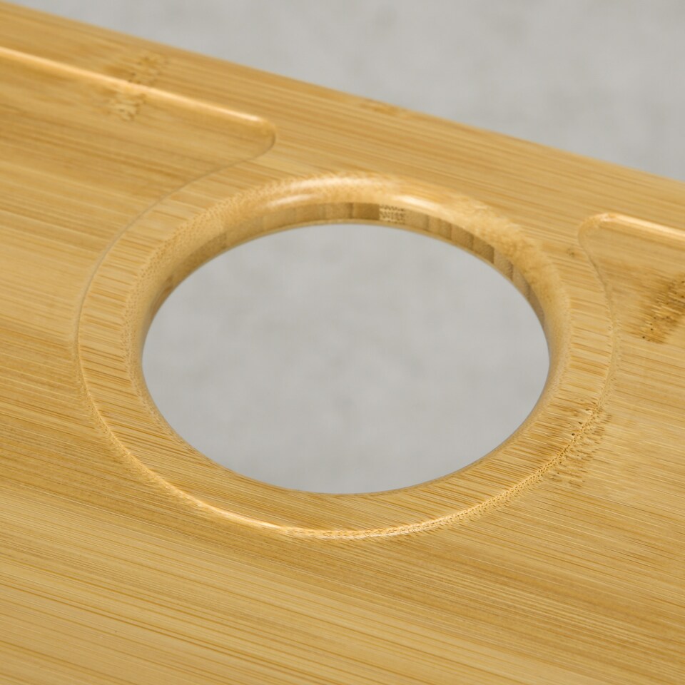 image 1 of HOMCOM Foldable Wine Picnic Table, Portable Wine Table with Bottle Holder and 2 Glass Holders, Folding Bamboo Outdoor Beach Table with Steel Legs for Hiking, Camping, Natural | White | Natural