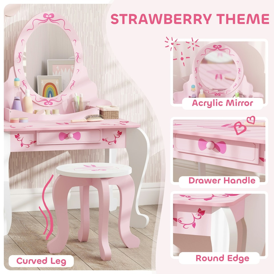 image 1 of AIYAPLAY Kids Dressing Table Set, Two-Piece Children Vanity Table with Stool Pink