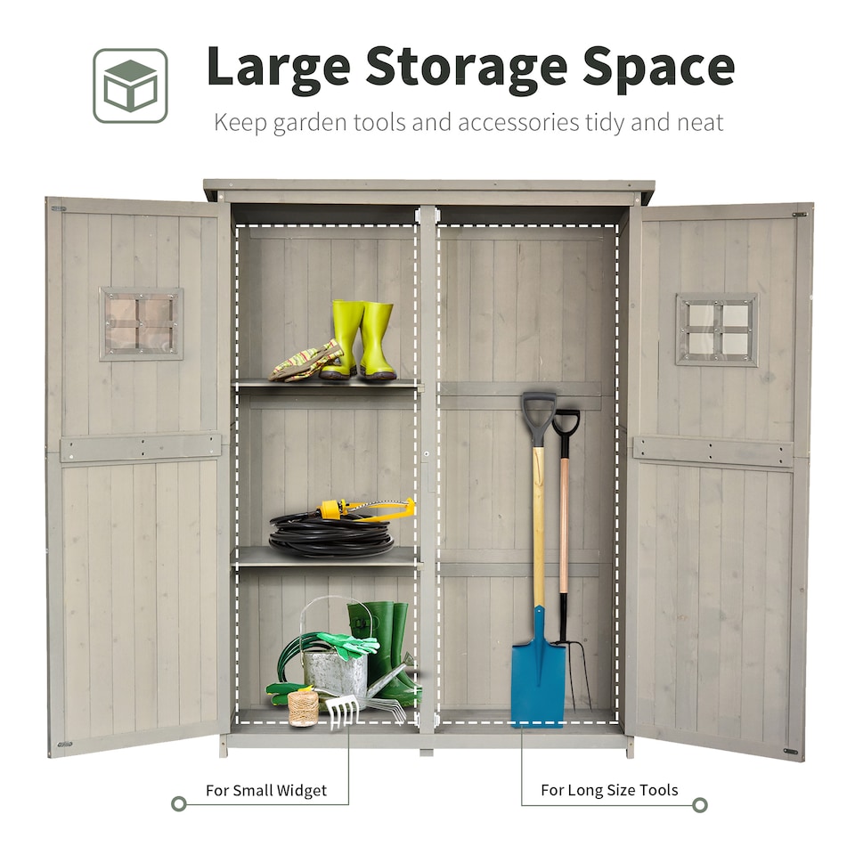 image 1 of Outsunny Wooden Garden Shed with Two Windows, Tool Storage Cabinet, Outdoor Double Door Organizer 127.5L x 50W x 164H cm, Grey