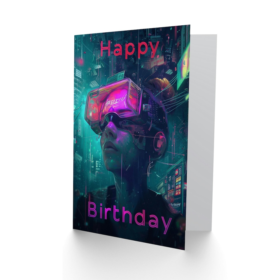 image 1 of Cyberpunk Woman Gamer VR Neon For Him Birthday Card