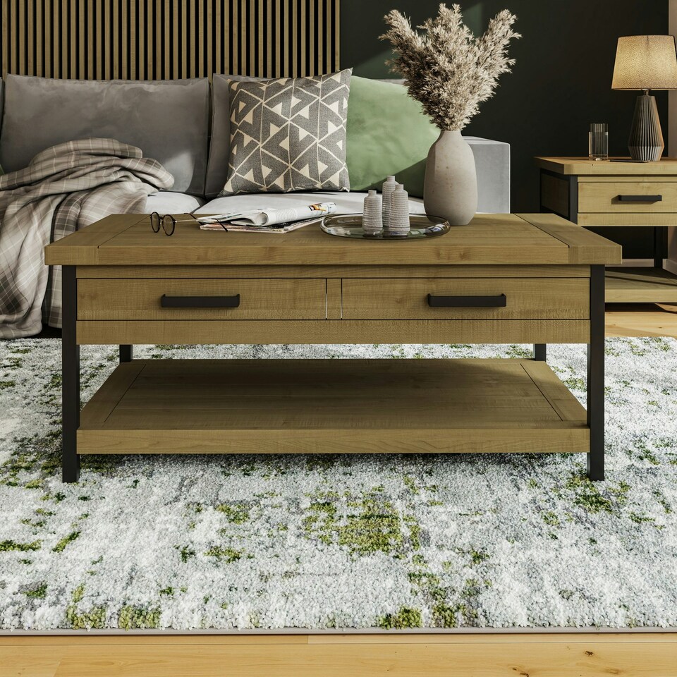 image 1 of Lowry 2 Drawer Coffee Table Driftwood Lacquered Solid Reclaimed Pine Brown