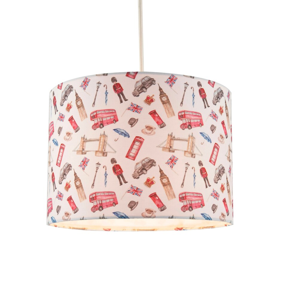 image 1 of London Themed Cotton Lamp Shade with Red Buses Post Boxes Black Taxis Multi