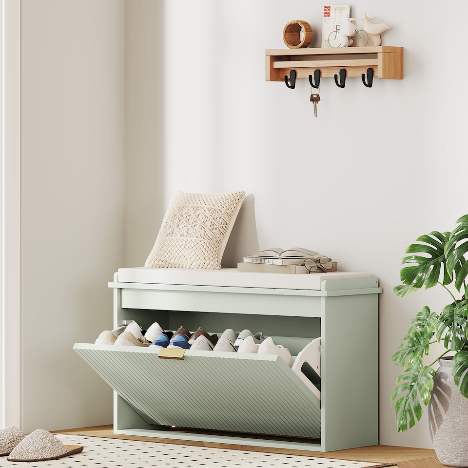 image 1 of HOMCOM Shoe Bench with Padded Seat Cushion and Flip-Drawer, Shoe Cabinet Holds up to 120kg for Hallway, Entryway and Porch, 80x26x47.5cm, Green | Green | Green