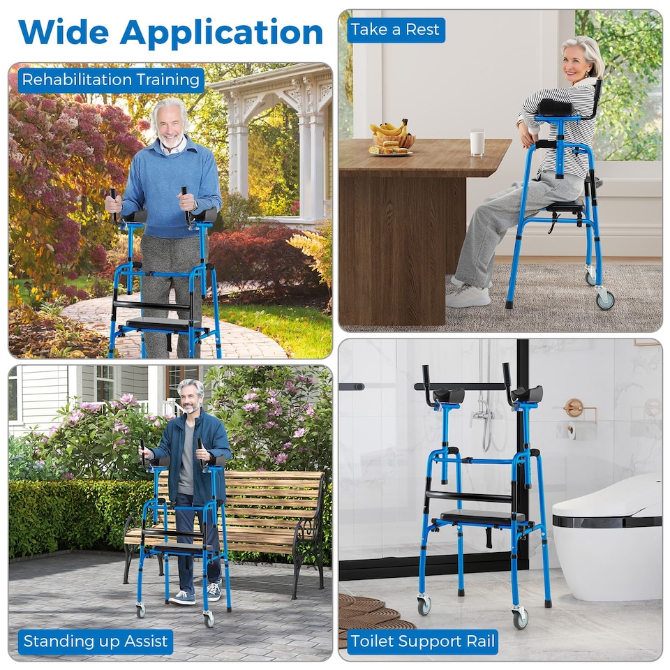 image 1 of COSTWAY Versatile Rolling Walker All Terrain Stand-Assist Walker-Navy