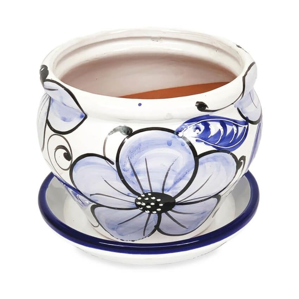 image 1 of Verano Spanish Ceramics Bola Plant Pot 25 x 21cm & Drainage Plate 27cm - Blue Flower