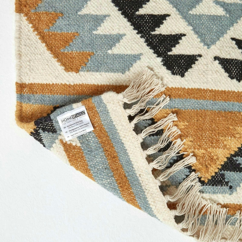 image 1 of Homescapes Agra Handwoven Diamond Kilim Wool Hall Runner - 66 x 200 cm | Multi | Yellow, gold, grey, black and white