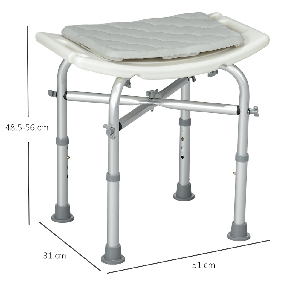 image 1 of HOMCOM Aluminium Shower Stool for Elderly, Height Adjustable Shower Seat with Removable Padded Cushion, Shower Head Holder, Non-Slip Bath Stool for Seniors, Disabled, Pregnant, White